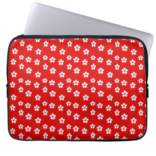 Housse Pour Ordinateur Portable Fleurs blanches mignonnes sur rouge