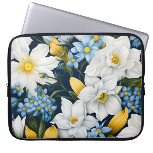 Housse Pour Ordinateur Portable Fleurs Bleues Blancs