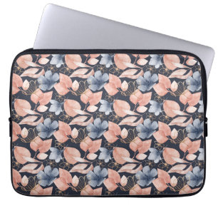 Housse Pour Ordinateur Portable Fleurs bleues, pêche et or, art botanique élégant