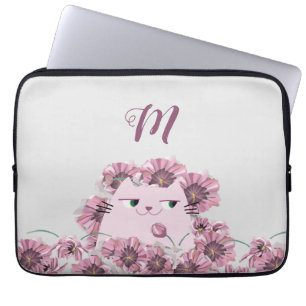 Housse Pour Ordinateur Portable Fleurs chats et violets Monogrammes