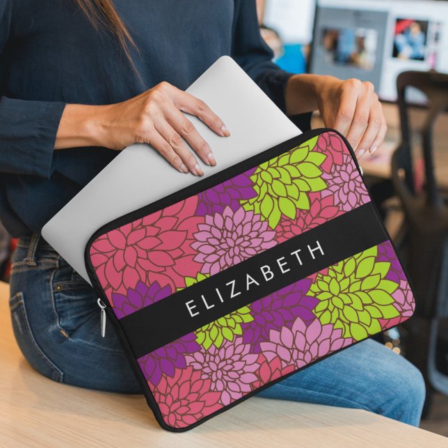 Housse Pour Ordinateur Portable Fleurs Dahlia, Fleurs Colorées, Votre Nom (Créateur téléchargé)