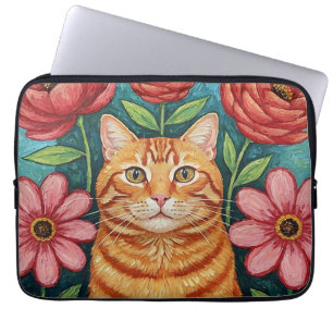 Housse Pour Ordinateur Portable Fleurs d'art populaire de chat orange