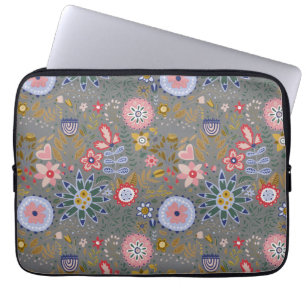 Housse Pour Ordinateur Portable Fleurs d'art populaire Whimsical Gris
