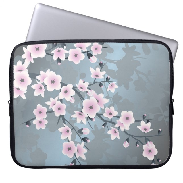 Housse Pour Ordinateur Portable Fleurs de cerises bleues rose cendré (Devant)