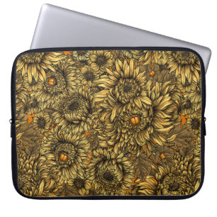 Housse Pour Ordinateur Portable Fleurs de chrysanthèmes jaunes et coléoptères oran