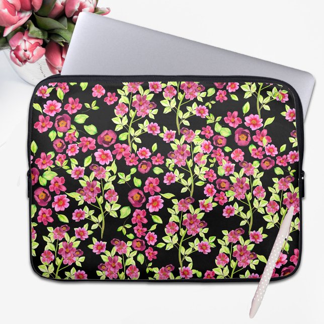 Housse Pour Ordinateur Portable Fleurs de Jardin rose sur Arrière - plan noir (Créateur téléchargé)