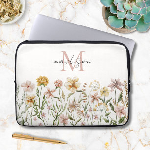 Housse Pour Ordinateur Portable Fleurs de prairie sauvage aquarelle monogrammée