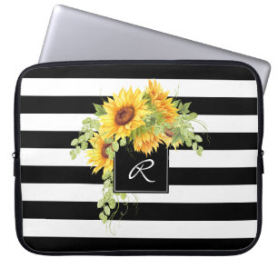 Housse Pour Ordinateur Portable Fleurs de soleil gaies et rayures avec Monogramme