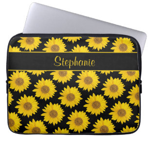 Housse Pour Ordinateur Portable Fleurs de soleil jaunes sur Noir Personnalisé