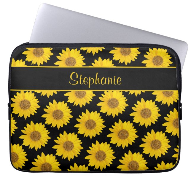 Housse Pour Ordinateur Portable Fleurs de soleil jaunes sur Noir Personnalisé (Devant)