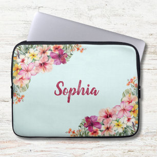 Housse Pour Ordinateur Portable Fleurs d'Hibiscus Rose Monogramme Floral Tropical