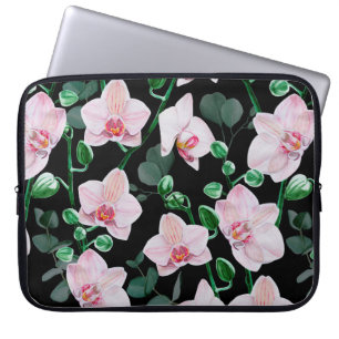 Housse Pour Ordinateur Portable Fleurs d'orchidées d'aquarelle et eucalyptus feuil