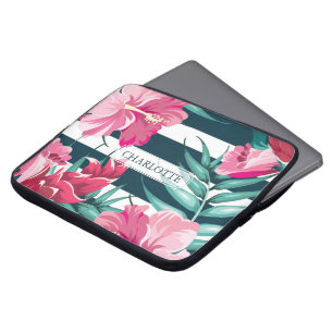 Housse Pour Ordinateur Portable Fleurs exotiques Monogramme rayé