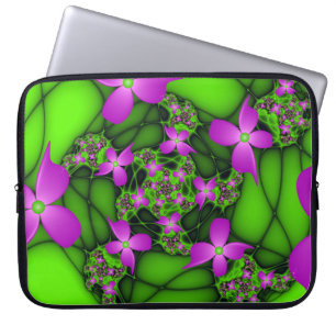 Housse Pour Ordinateur Portable Fleurs fractales Abstraites de néon rose vert