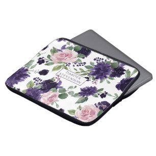 Housse Pour Ordinateur Portable Fleurs luxuriantes   Monogramme Motif violet et ro