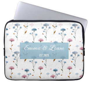Housse Pour Ordinateur Portable Fleurs minimalistes personnalisées bleu et rose vi