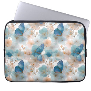 Housse Pour Ordinateur Portable Fleurs printanières vintage & papillon bleu