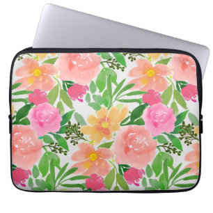 Housse Pour Ordinateur Portable Fleurs roses et feuilles vertes à l'aquarelle