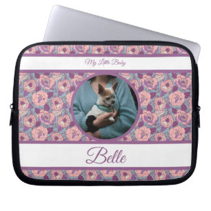 Housse Pour Ordinateur Portable Fleurs roses violettes & bannières avec nom/phrase