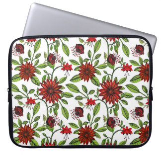 Housse Pour Ordinateur Portable Fleurs rouges abstraites et feuilles verts sur fon