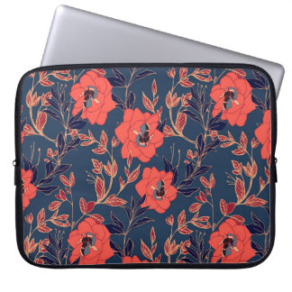 Housse Pour Ordinateur Portable Fleurs rouges de roses et pivoines avec feuilles e
