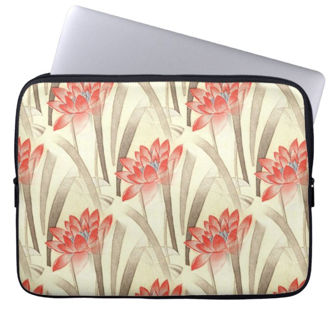 Housse Pour Ordinateur Portable Fleurs rouges vintage sur motif beige (Devant)