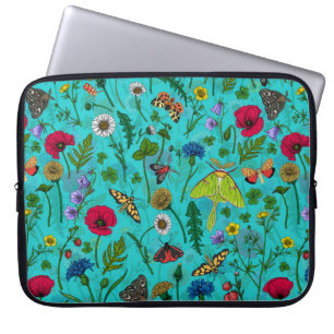 Housse Pour Ordinateur Portable Fleurs sauvages et papillons de nuit sur turquoise