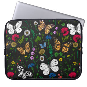 Housse Pour Ordinateur Portable Fleurs sauvages et papillons sur le noir