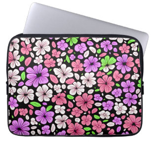 Housse Pour Ordinateur Portable Fleurs violettes et roses et motif de pétales noir