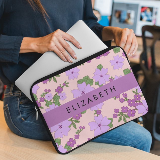 Housse Pour Ordinateur Portable Fleurs Violettes, Motif De Fleurs, Votre Nom (Créateur téléchargé)