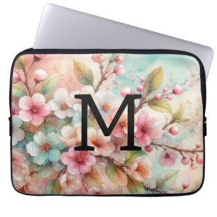 Housse Pour Ordinateur Portable Floral aquarelle monogramme rose cerisier fleurs