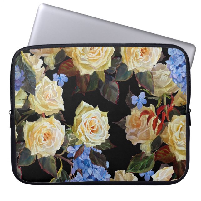 Housse Pour Ordinateur Portable Floral motif moderne, roses blanches, hydrangée bl (Devant)