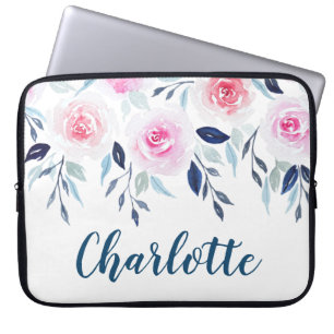 Housse Pour Ordinateur Portable Floral Pink Roses Watercolor Personalized Name