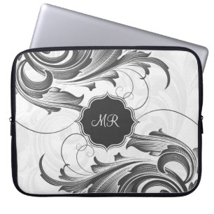 Housse Pour Ordinateur Portable Flore Vintage Noire Et Blanche Frottes Monogramme