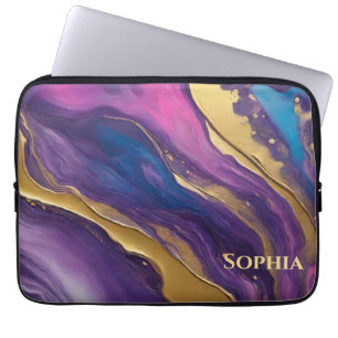 Housse Pour Ordinateur Portable Flux Abstrait Art- Bleu violet rose et or-