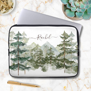 Housse Pour Ordinateur Portable Forêt de pins aquarelle monogramme Montagne Rustiq