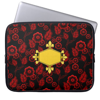 Housse Pour Ordinateur Portable Four de lis, or, floral rouge, Ajouter initiales/n