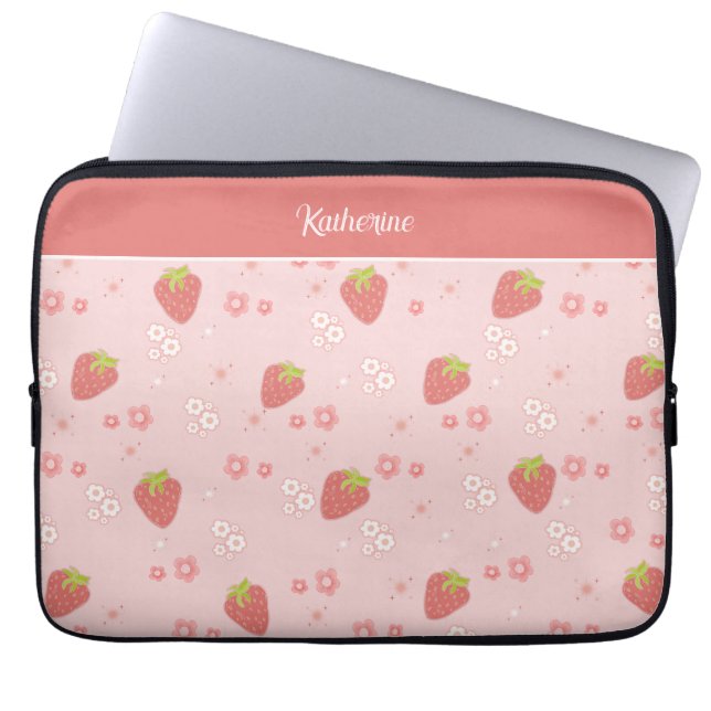Housse Pour Ordinateur Portable Fraise mignonne aux fleurs. (Devant)