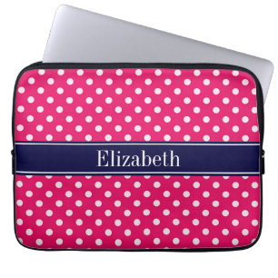 Housse Pour Ordinateur Portable Framboise Blanc Pois Marine Nom bleu Monogramme