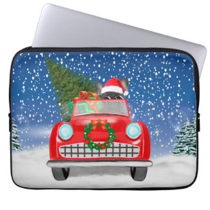 Housse Pour Ordinateur Portable Français Bulldog Driving Car En Noël De Neige