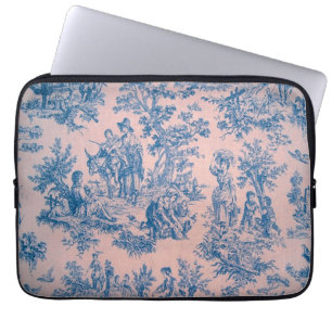 Housse Pour Ordinateur Portable French toile de jouy bleu et rose élégant