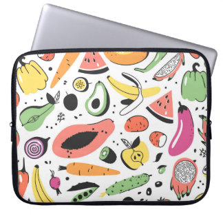 Housse Pour Ordinateur Portable Fruits, légumes motif dessinés main.