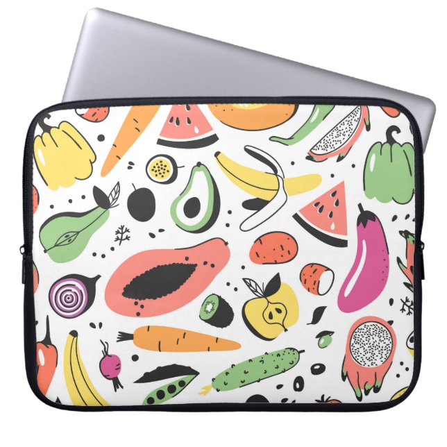Housse Pour Ordinateur Portable Fruits, légumes motif dessinés main. (Devant)