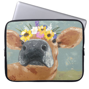 Housse Pour Ordinateur Portable Fun de ferme - Vache avec couronne de fleurs