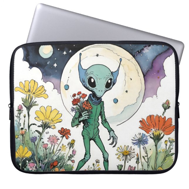 Housse Pour Ordinateur Portable Funny Alien Picking Flowers With Full Moon (Devant)