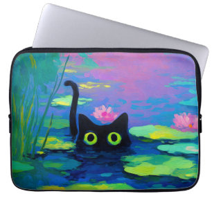 Housse Pour Ordinateur Portable Funny Chat noir nager dans l'étang L'art bizarre