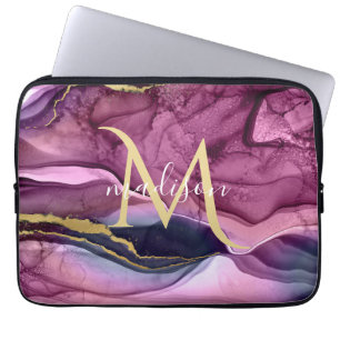 Housse Pour Ordinateur Portable Géode d'agate violet rose et or Monogramme