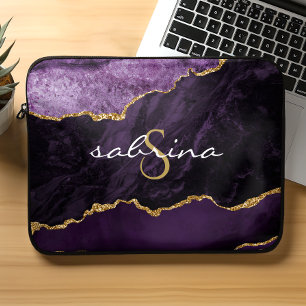 Housse Pour Ordinateur Portable Géode d'âge d'or violet monogramme