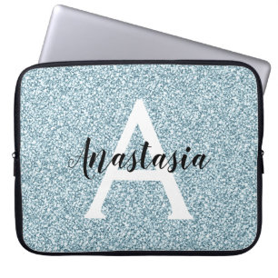 Housse Pour Ordinateur Portable Glam Bleu Paillettes Argentées Monogramme Nom