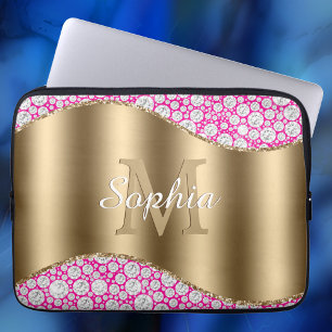 Housse Pour Ordinateur Portable Glam Diamonds Fuchsia, Monogramme Or, Nom du scrip
